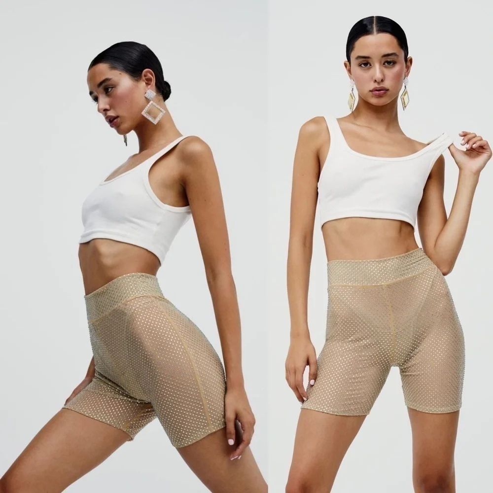 NWT FOR LOVE & LEMONS‎ Rhinestone Sheer Mesh High Waist Festival Bike Shorts XS